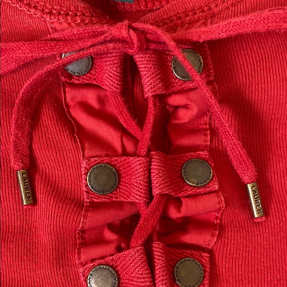 LRL Lauren Jeans Co. Red Lace Up Neckline Top with 3/4 Sleeves. Size M. *Stain*